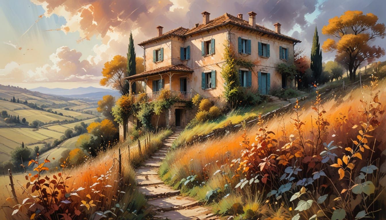 Abandoned Umbrian Country House in Autumn Sunset