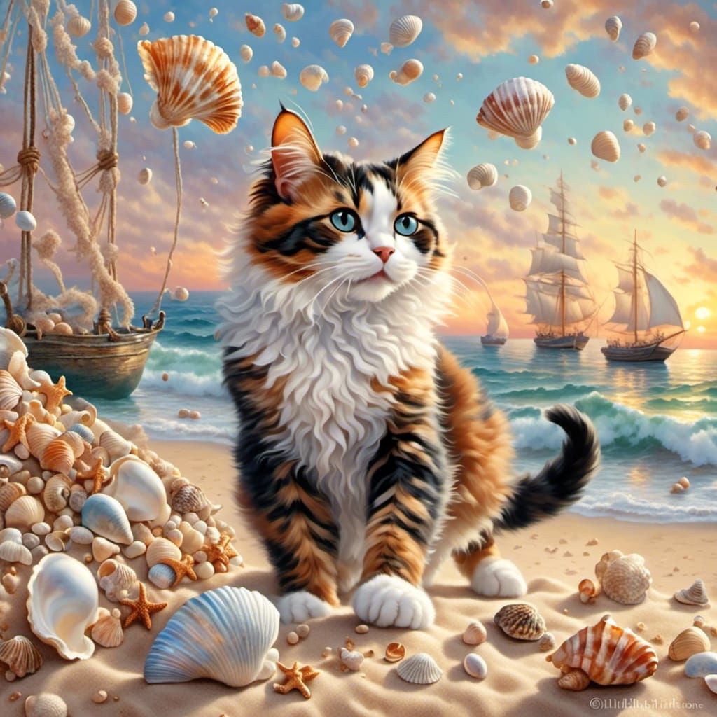 Calico Cat Dances with Seashells at Sunset