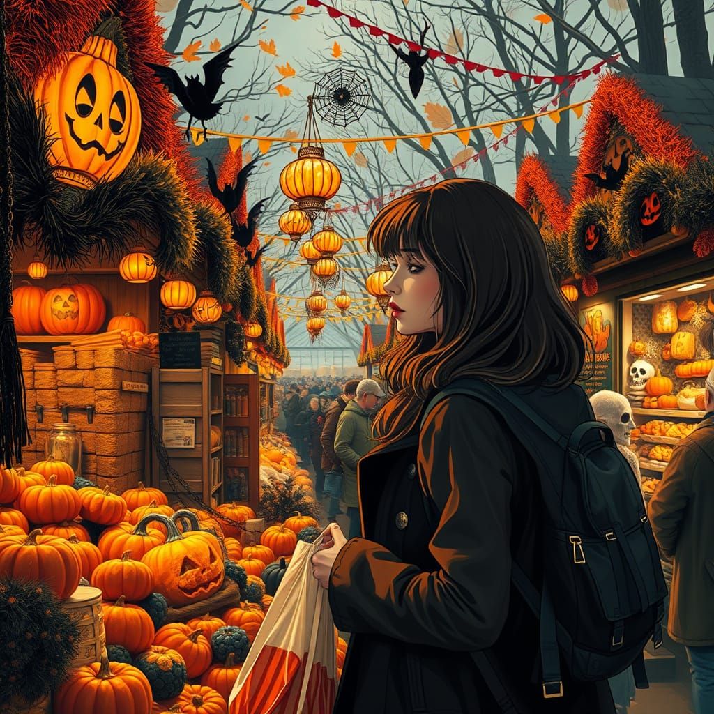 Halloween Market Scene in Eerie Whimsical Style