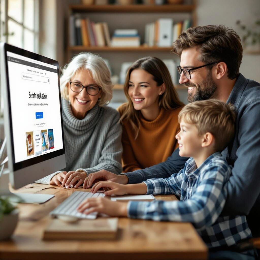 Family Gathers Around Computer in Cozy Living Room