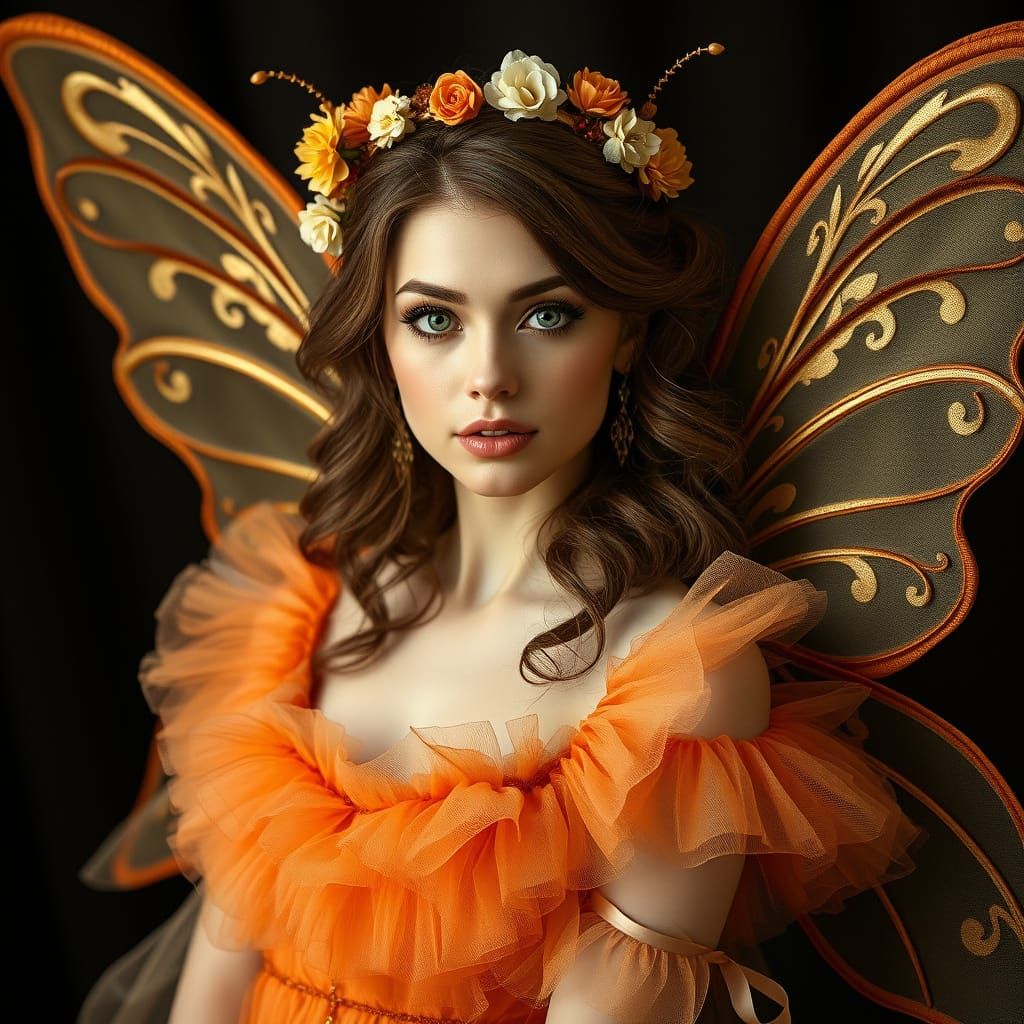 Enchanting Fairy Goddess with Golden Wings and Flowers