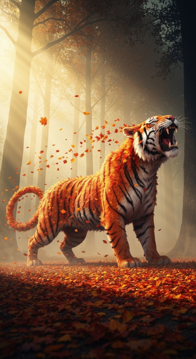 Autumn Leaf Tiger Roaring in Enchanted Forest Dusk