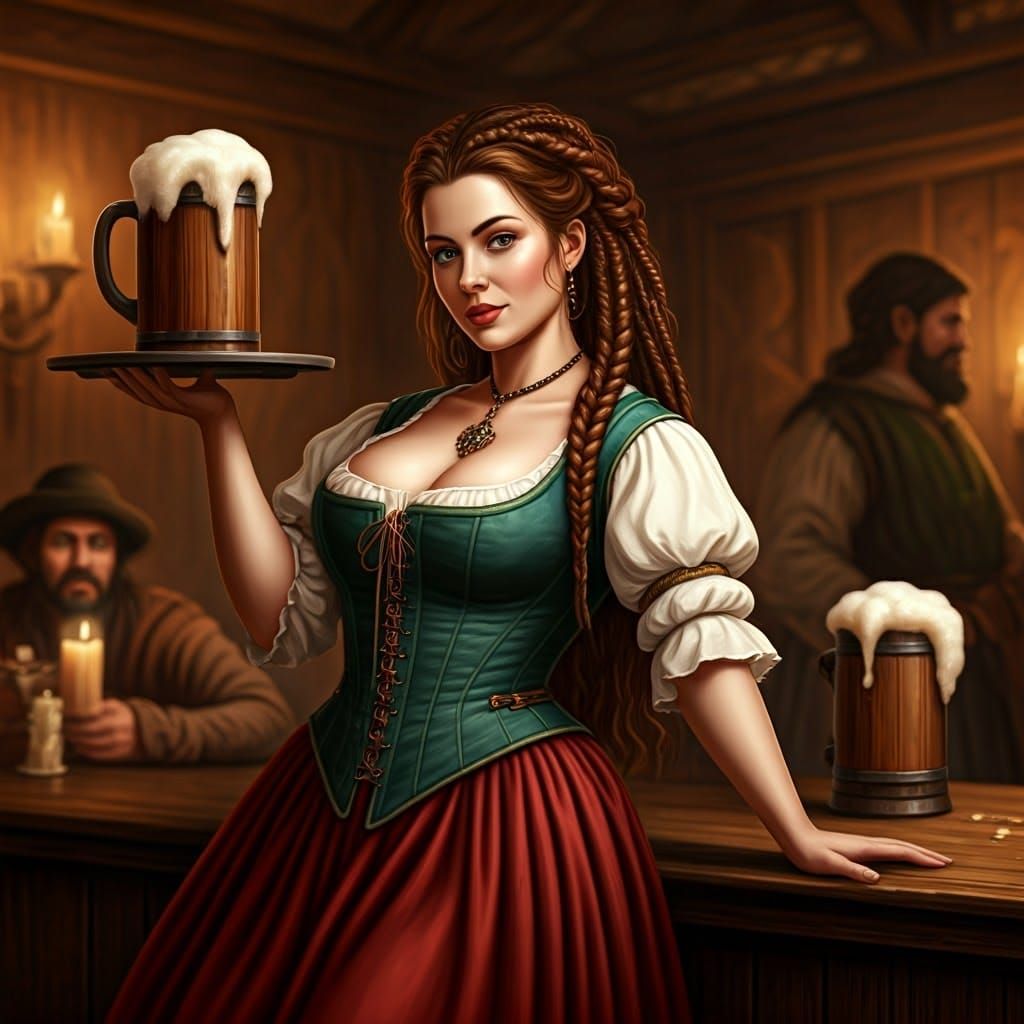 Medieval Barmaid Serving Drinks in a Lively Tavern