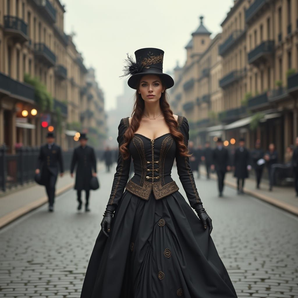 Steampunk Lady Strolls Through Victorian City Streets