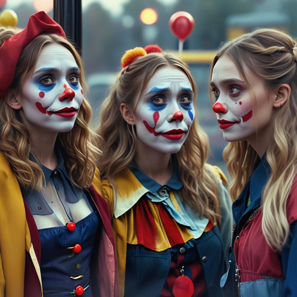 The Olsen Sisters as Clowns at a Bus Stop