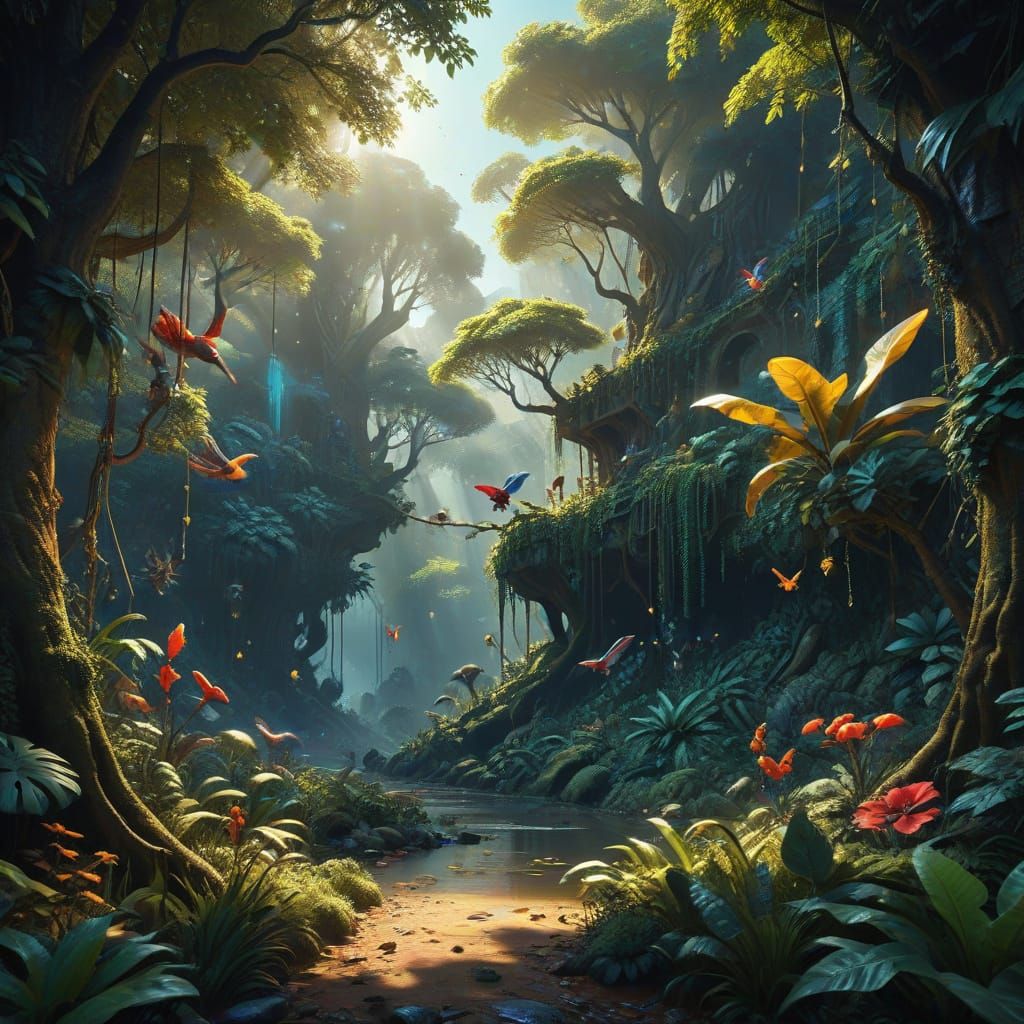 Surrealistic Jungle Scene in Vibrant Colors