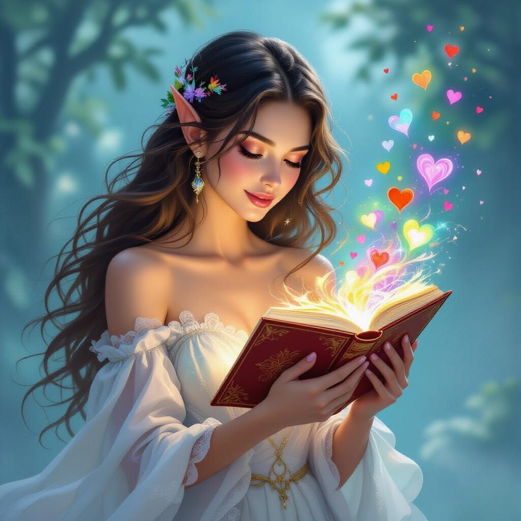 Elegant Woman with Book of Love in Fantasy Style