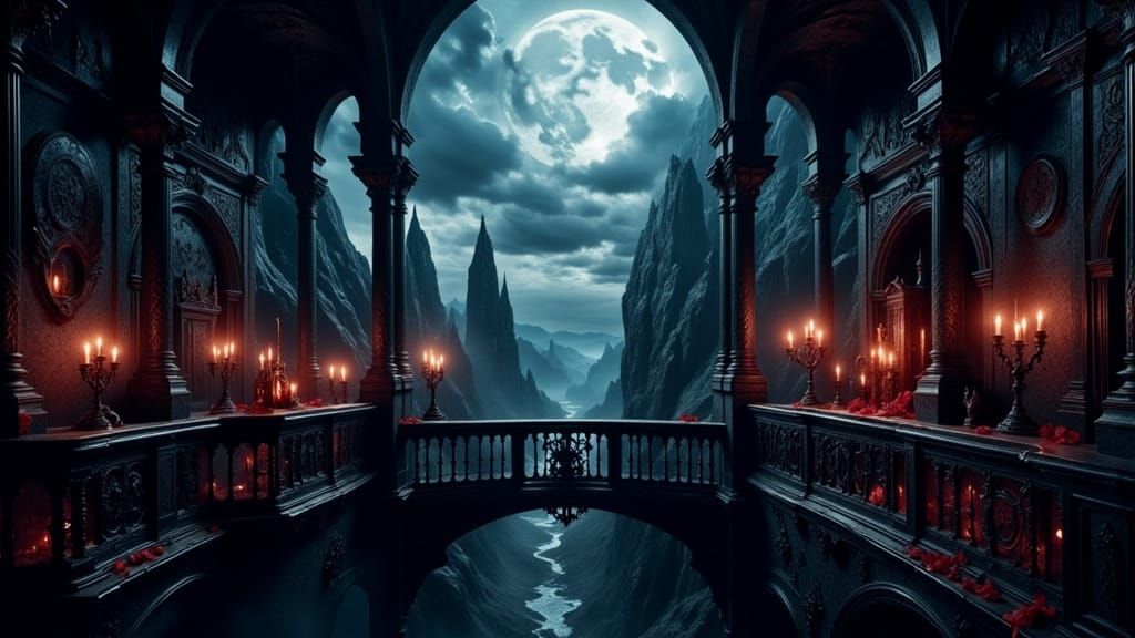Gothic Vampire Queen's Balcony in Dramatic Moonlight