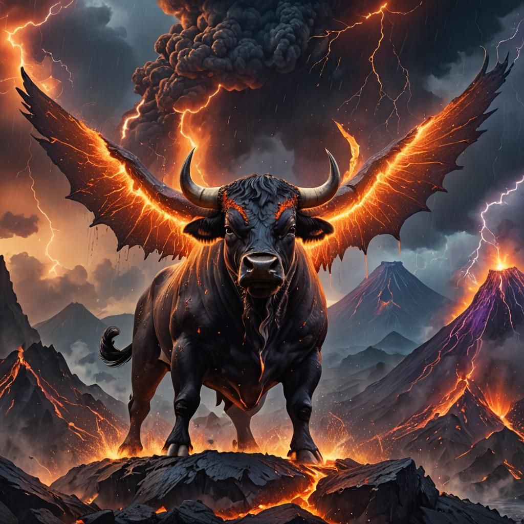 Fiery Bull Amidst Volcanic Lightning