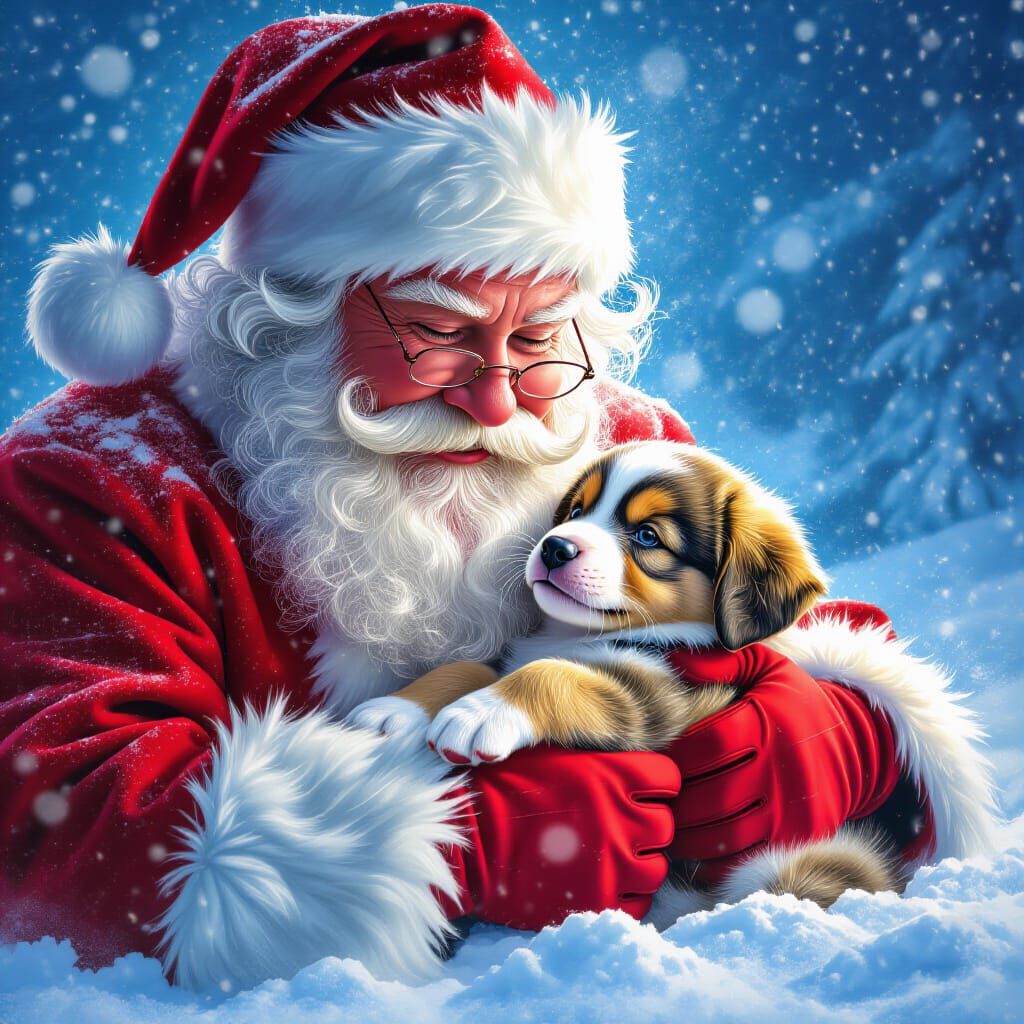 Santa Rescues Puppy in Snowstorm: Hyperrealistic Splash Art