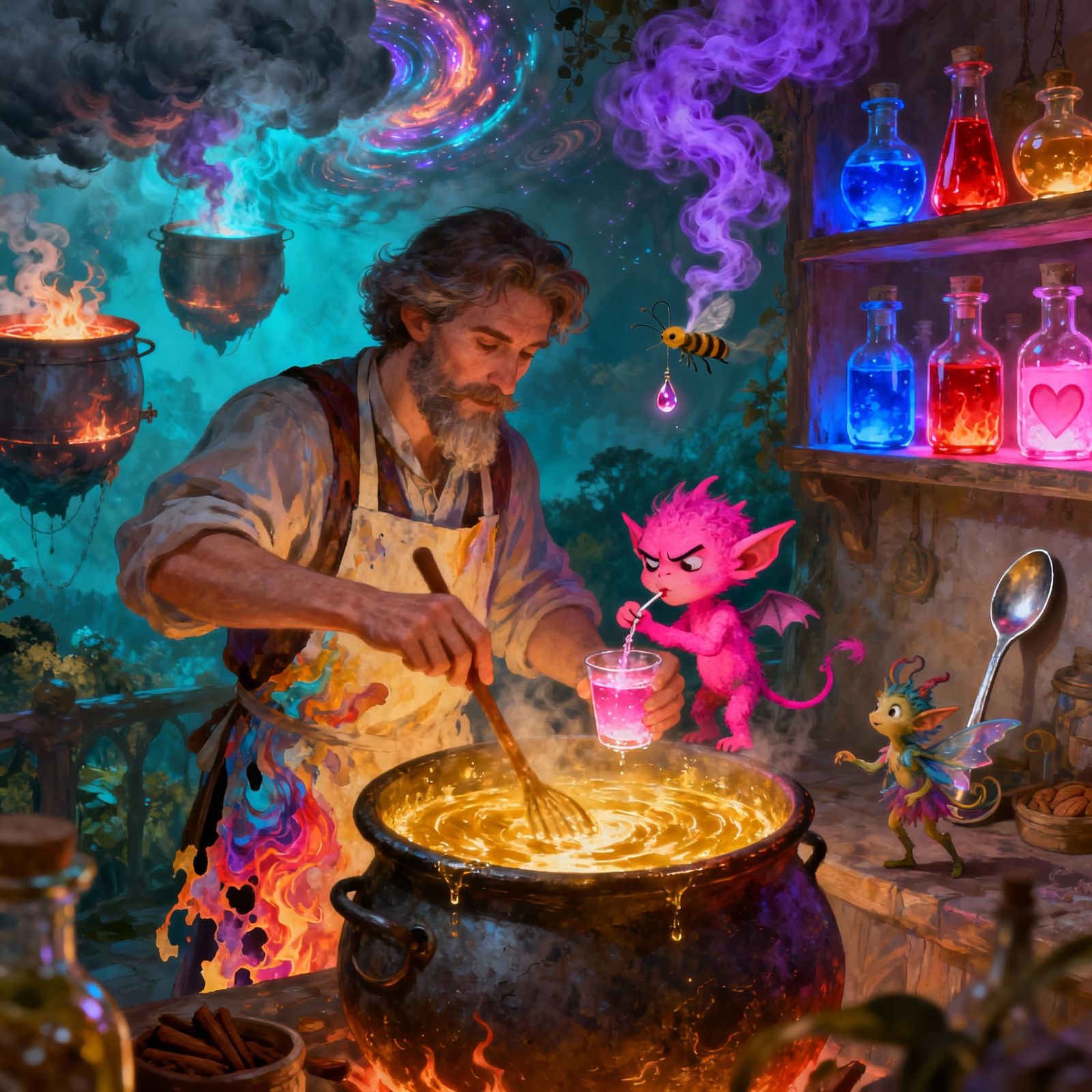 Alchemical Brewer Creates Joy Potion with Happy Imp