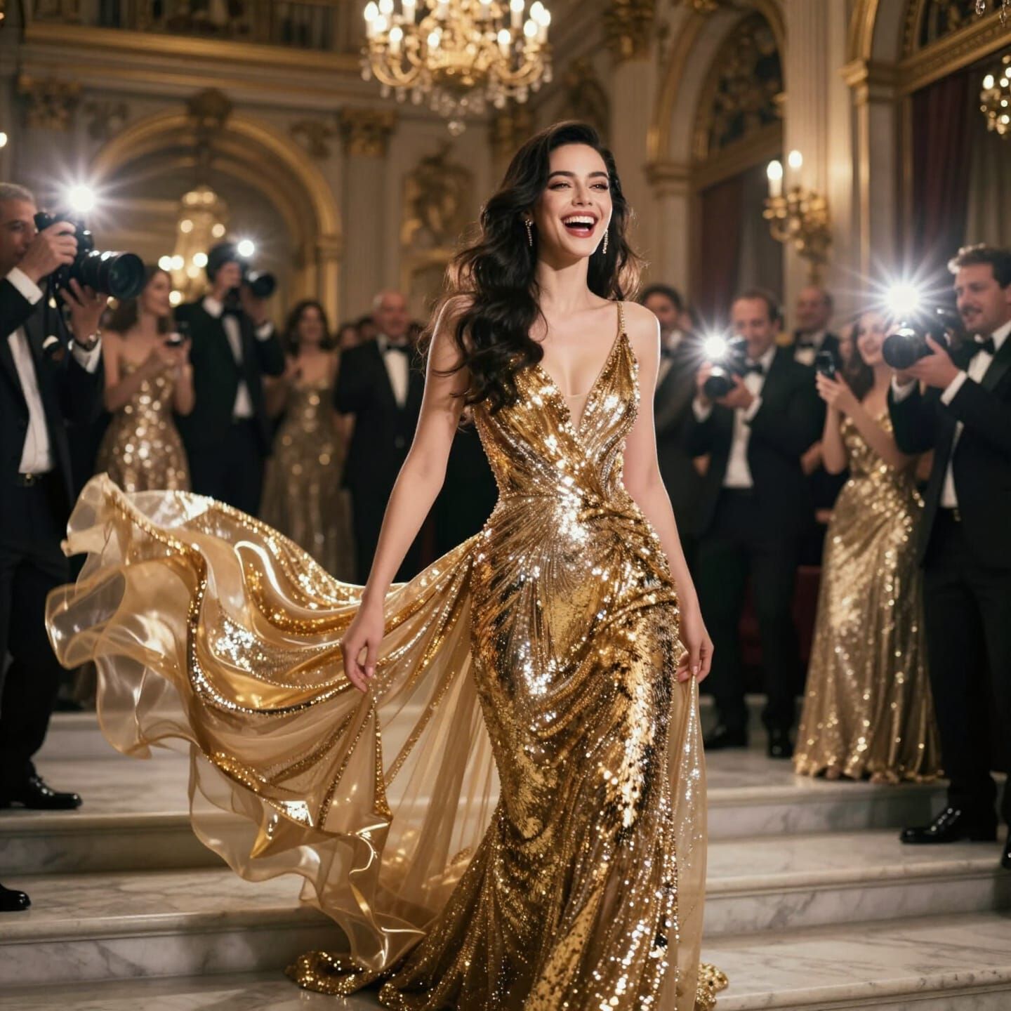 Radiant Woman Laughing on Marble Stairs in Gold Gown