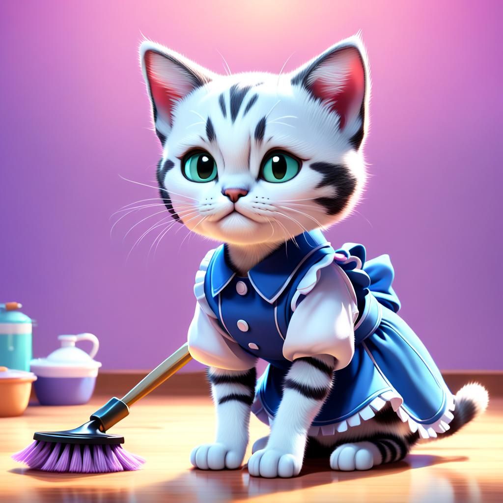 Kitten Maid Cleaning: Pixar-Style 3D Digital Art