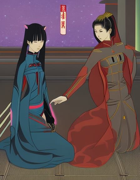 16k resolution, Taisho-era cybernetic romance, Takabatake Kasho style, two android women sharing a moment in a secret al...