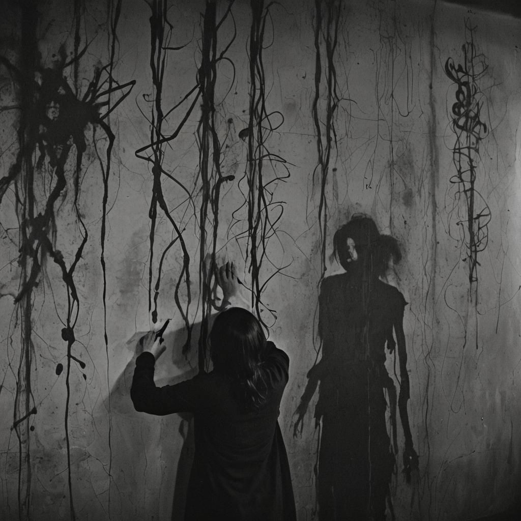 Dark Surrealism: Person Writing on Walls with Charcoal