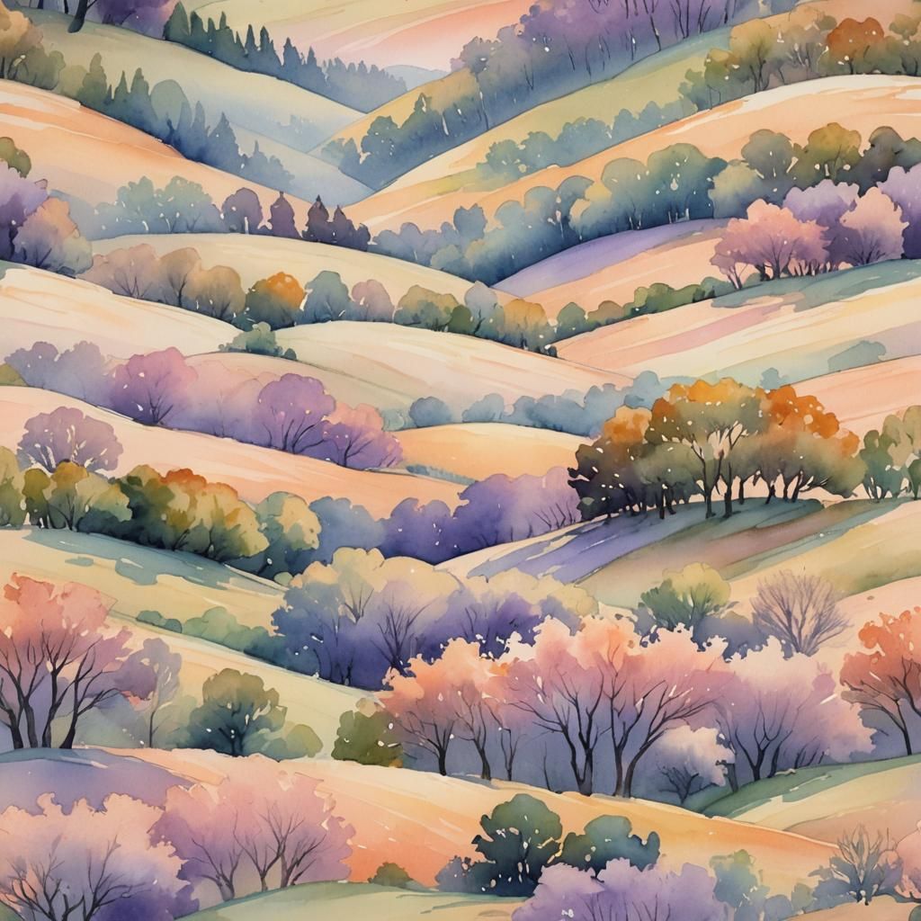 Dreamy Sunset Landscape in Watercolor Impressionist Style