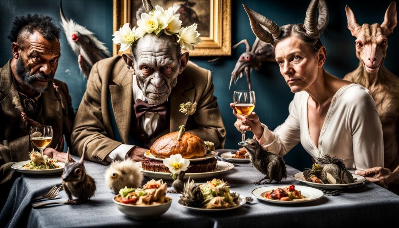 Surreal Restaurant with Bizarre Creatures, Dreamlike Art