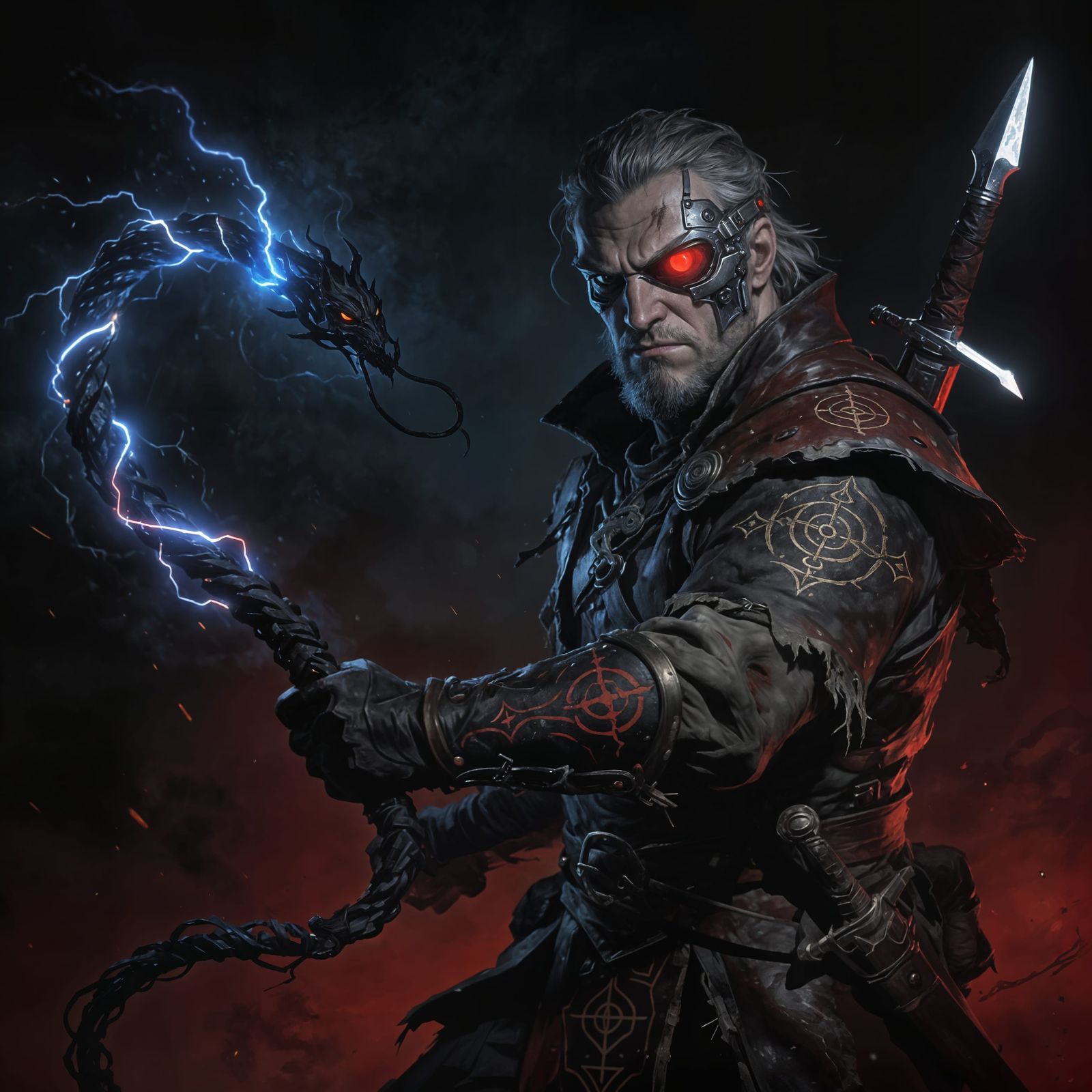 Grim Adventure Hero with Unique Weapon