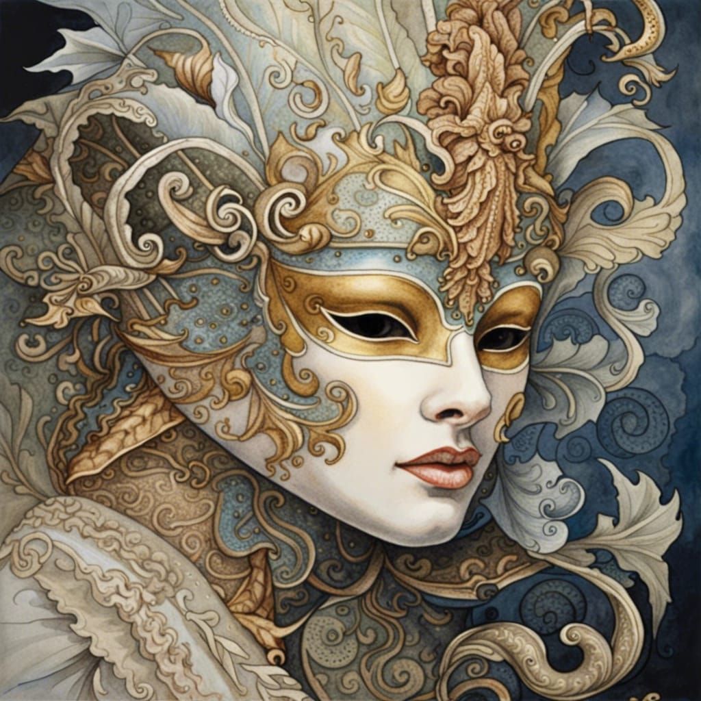 Detailed Venetian Masks in Gouache Watercolor