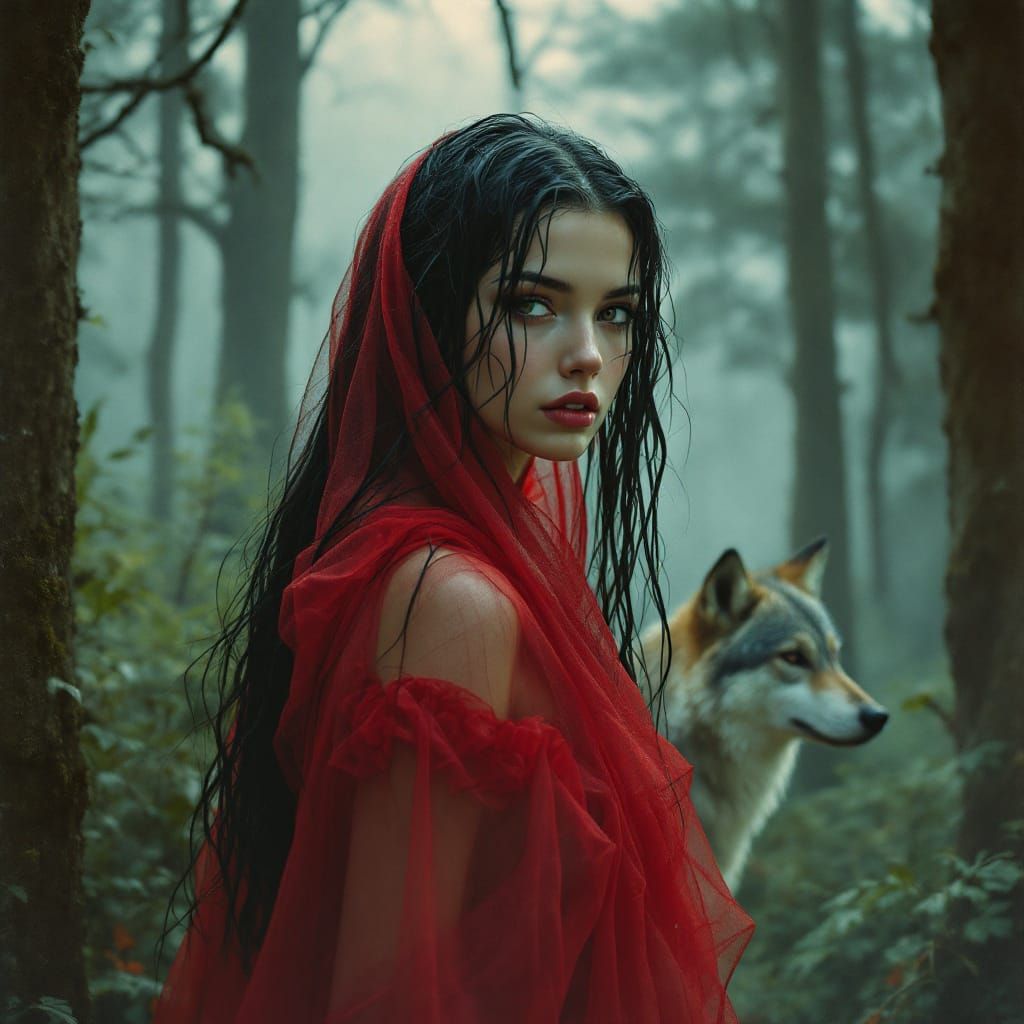 Red Cloaked Woman and Wolf in Ethereal Misty Forest