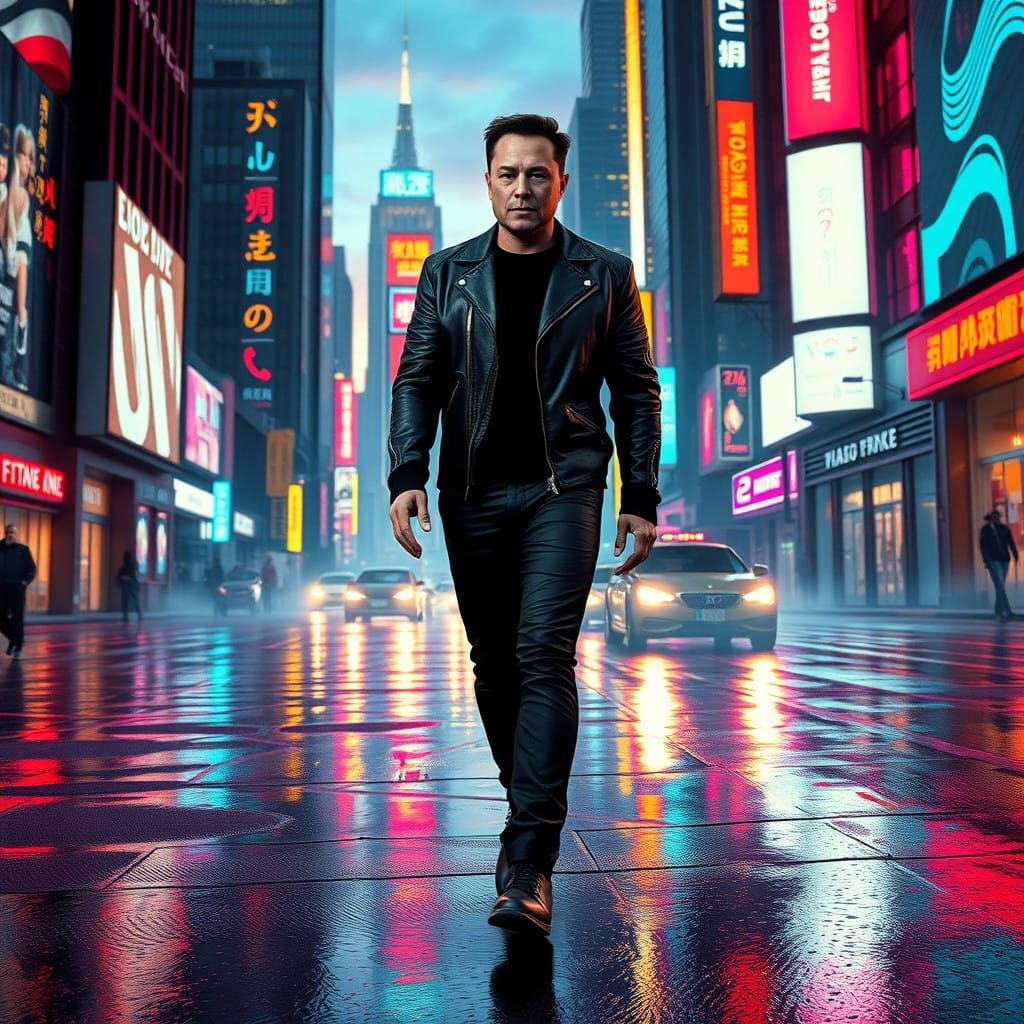 Cyberpunk Visionary Walking City Streets at Dusk