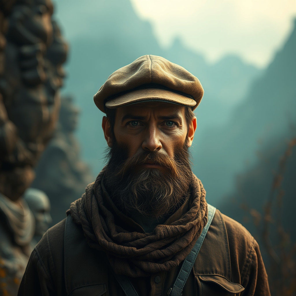 Bearded Man in Flat Cap in Fantasy Landscape