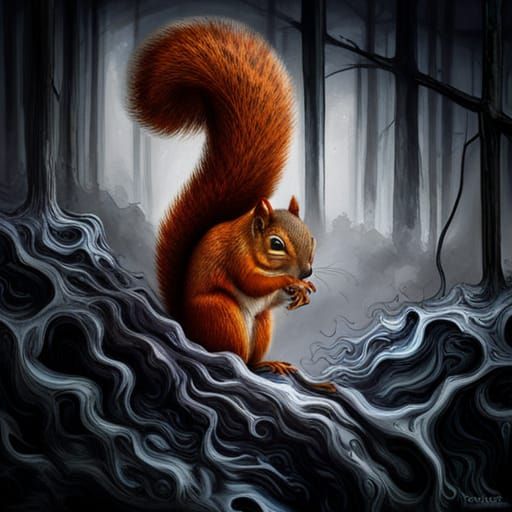 Morbid Gothic Squirrel in Hyperdetailed Photoillustration