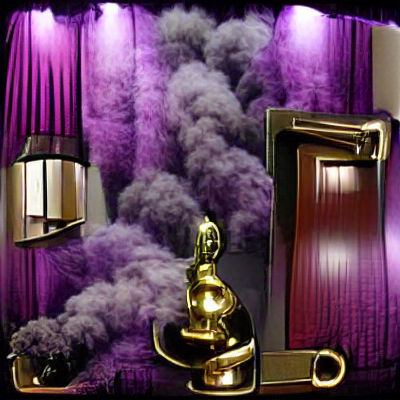 Smoky Room with Purple Curtains and Brass Padlock