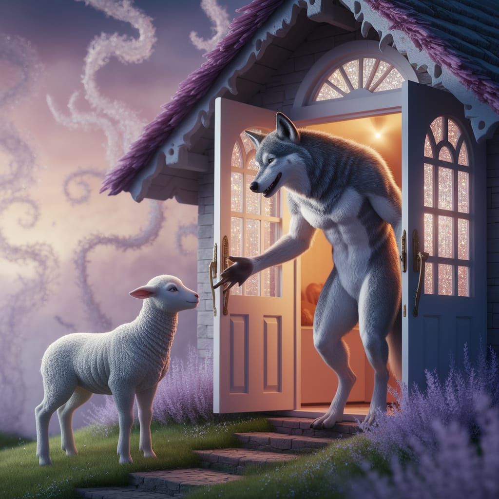 Wolf Invites Lamb to Cozy Cottage in Enchanted Landscape
