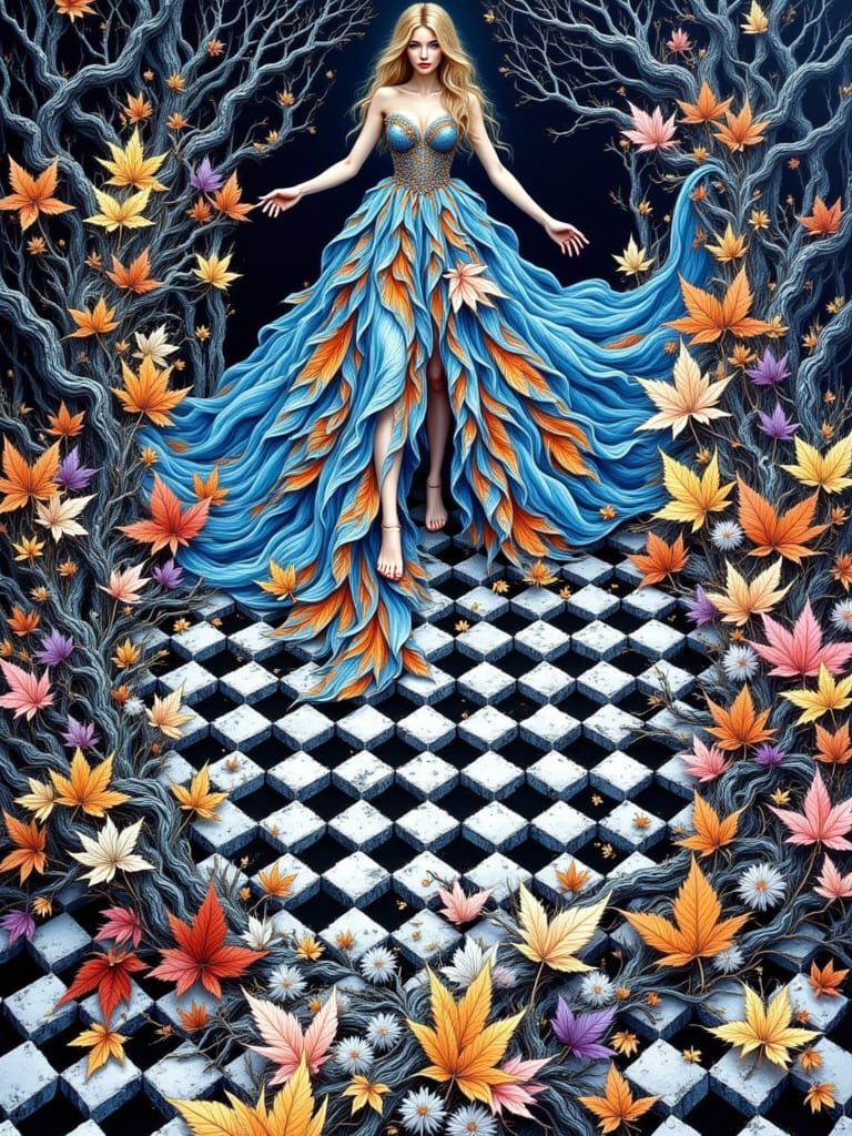 Fall Goddess in Blue & Orange Gown with Golden Hair