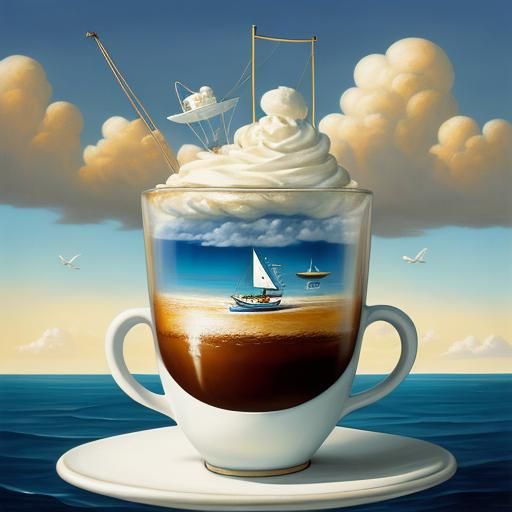 Tiny Sailboat Navigating Coffee Sea, Cream Sharks