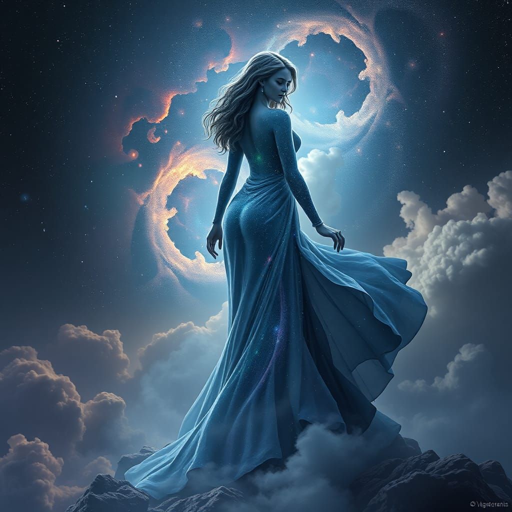 Smiling Woman with Starry Texture in Dreamy Landscape