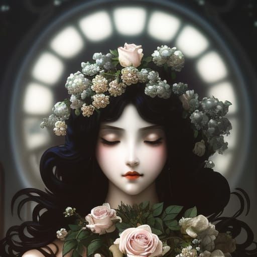 Graveyard Ghost with Roses in Art Nouveau Style