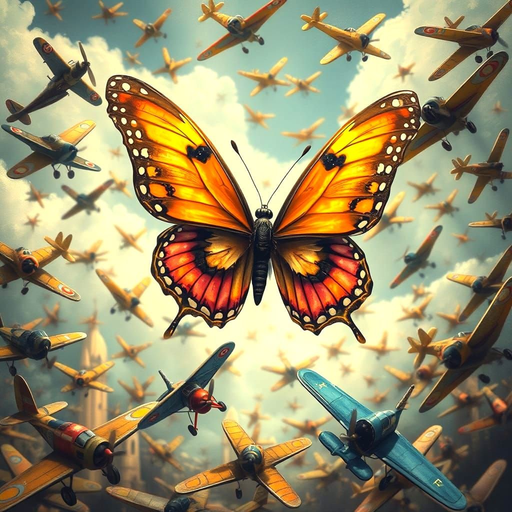 Frightened Butterfly Amidst Model Airplanes