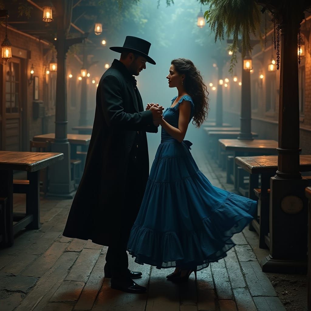 Mysterious Man in Black Dances with Dolores in a Smoky Saloo...