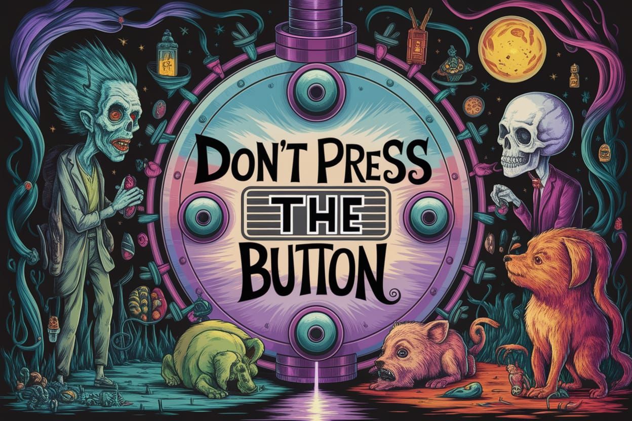 Don't Press The Button, surreal, dark multi color painting with Black line drawing of a creepy, weird, strange...