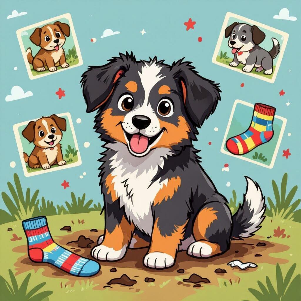 Playful Aussie Puppy Collage in Whimsical Hand-Drawn Style