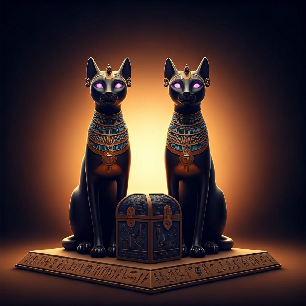 Ancient Egyptian Cat Guardians in Glowing Gold