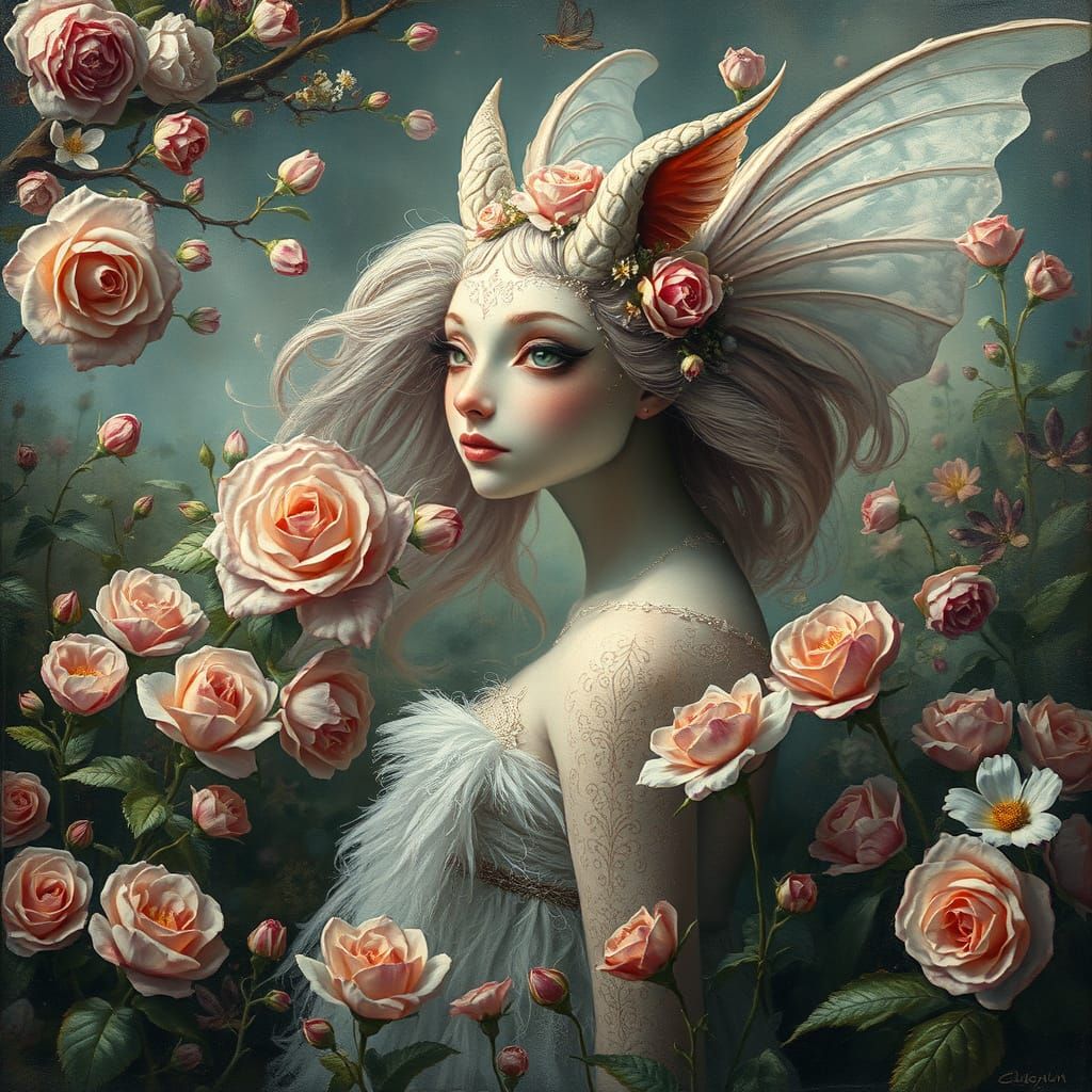 Ethereal Creature Portrait in Dreamy Wonderland, Oil on Canv...