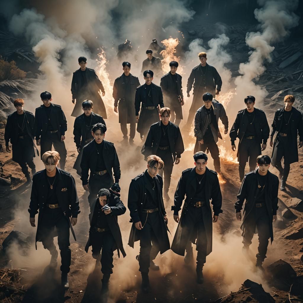 Ateez in Mystical Landscape with Cinematic Lighting