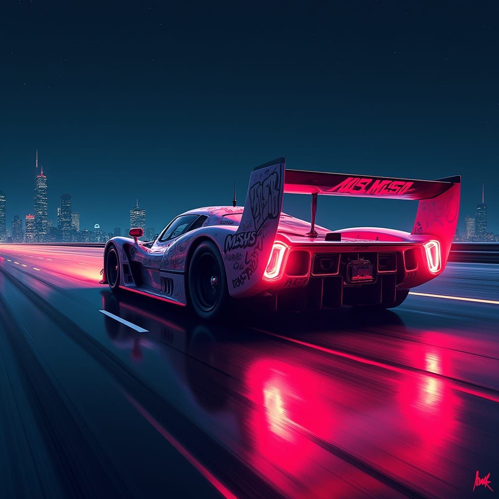 Neon Racing Car Speeds Down Futuristic Track at Night