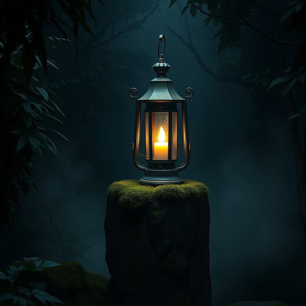 Ancient Lantern in Misty Garden - Dark Fantasy Concept Art