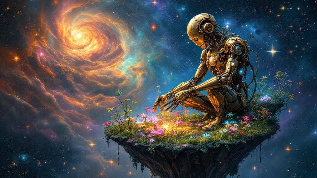 Steampunk Automaton's Bioluminescent Garden in Space