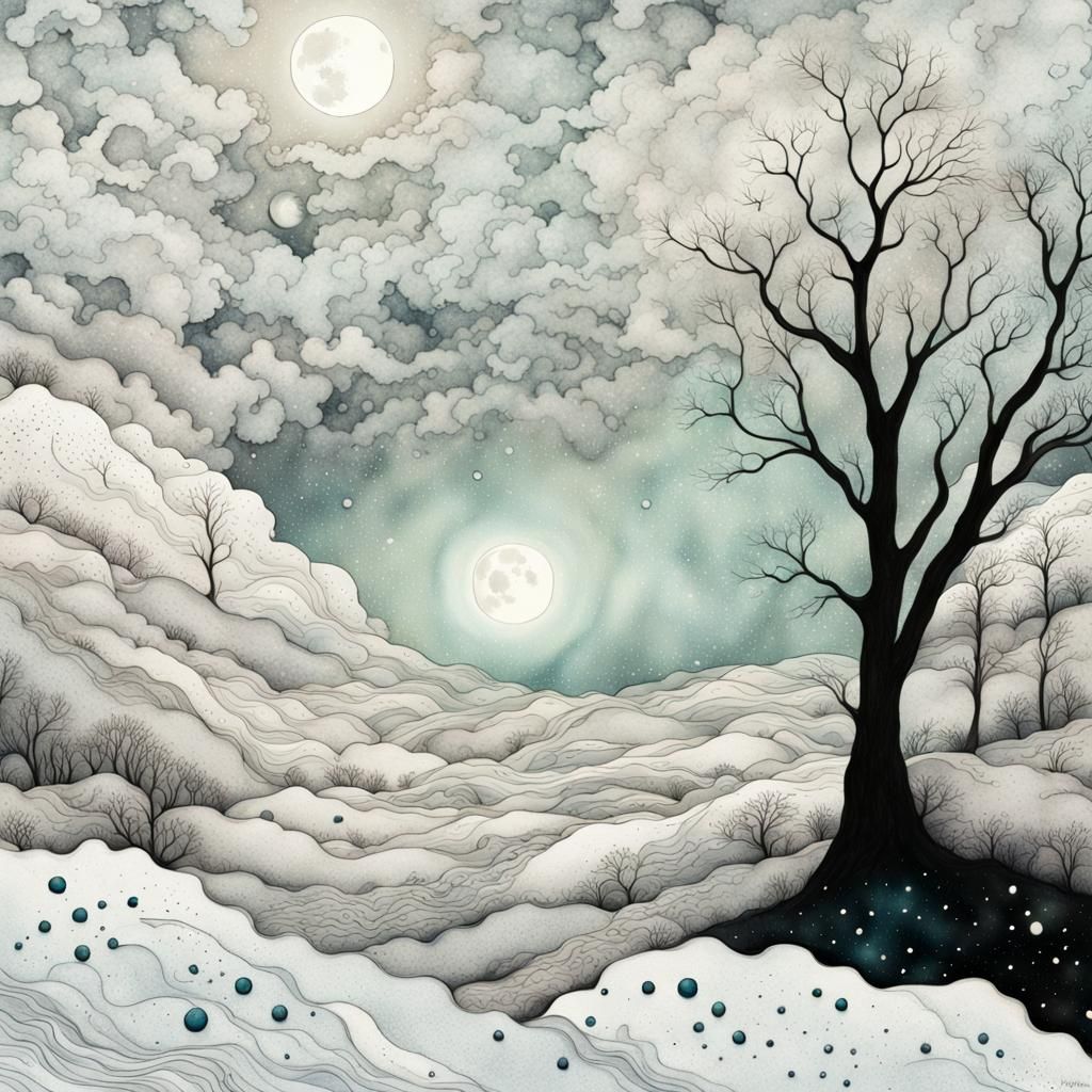 Watercolor Moonscape with Twinkling Stars in Liquid Ink