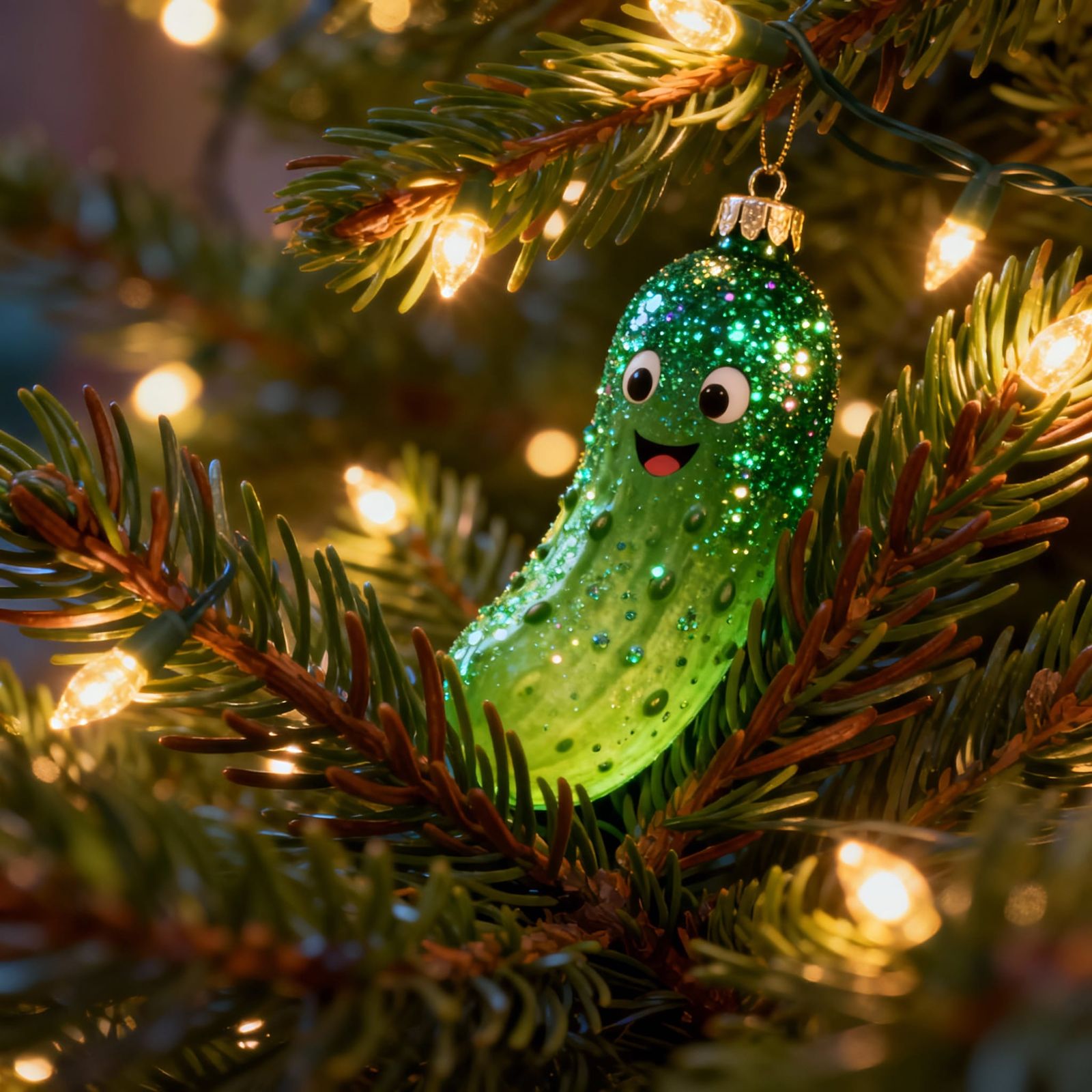 Whimsical Glitter Pickle Ornament Hiding on Christmas Tree