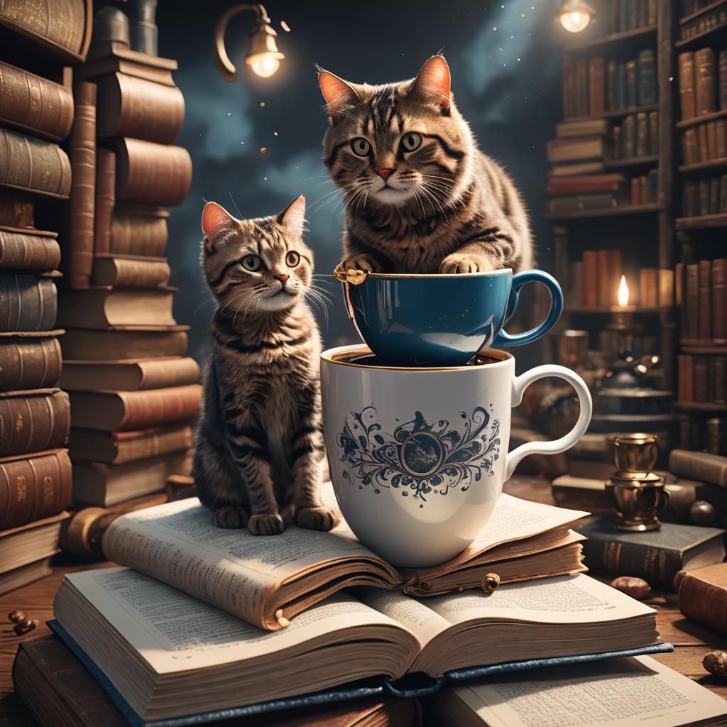 Cat in Coffee Cup on Book: Fantasy Art