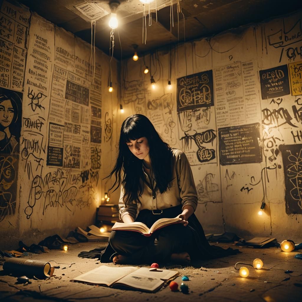 Woman Reading in Dimly Lit Bunker, Cinematic Style