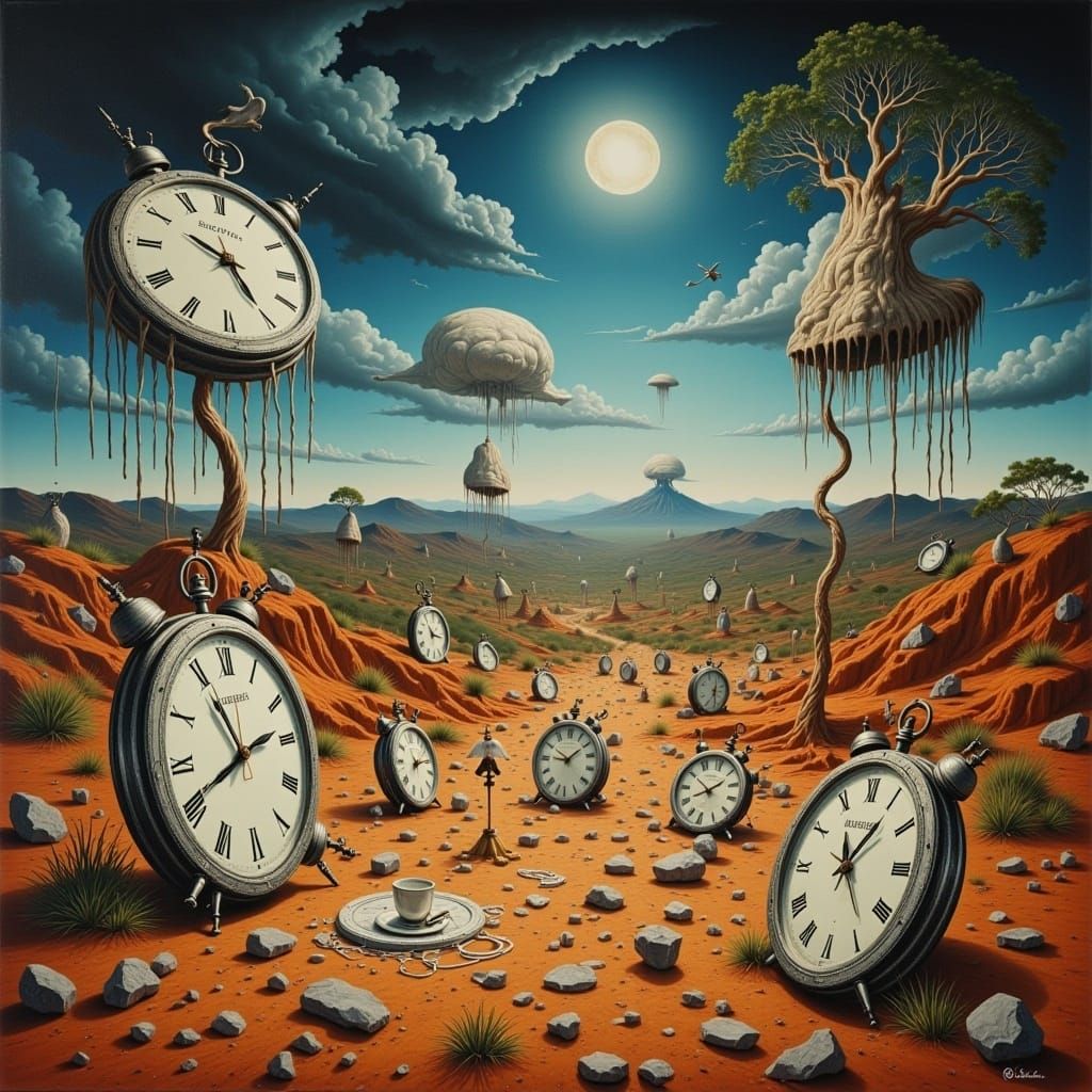 Surreal Landscape with Melting Clocks in Dali Style