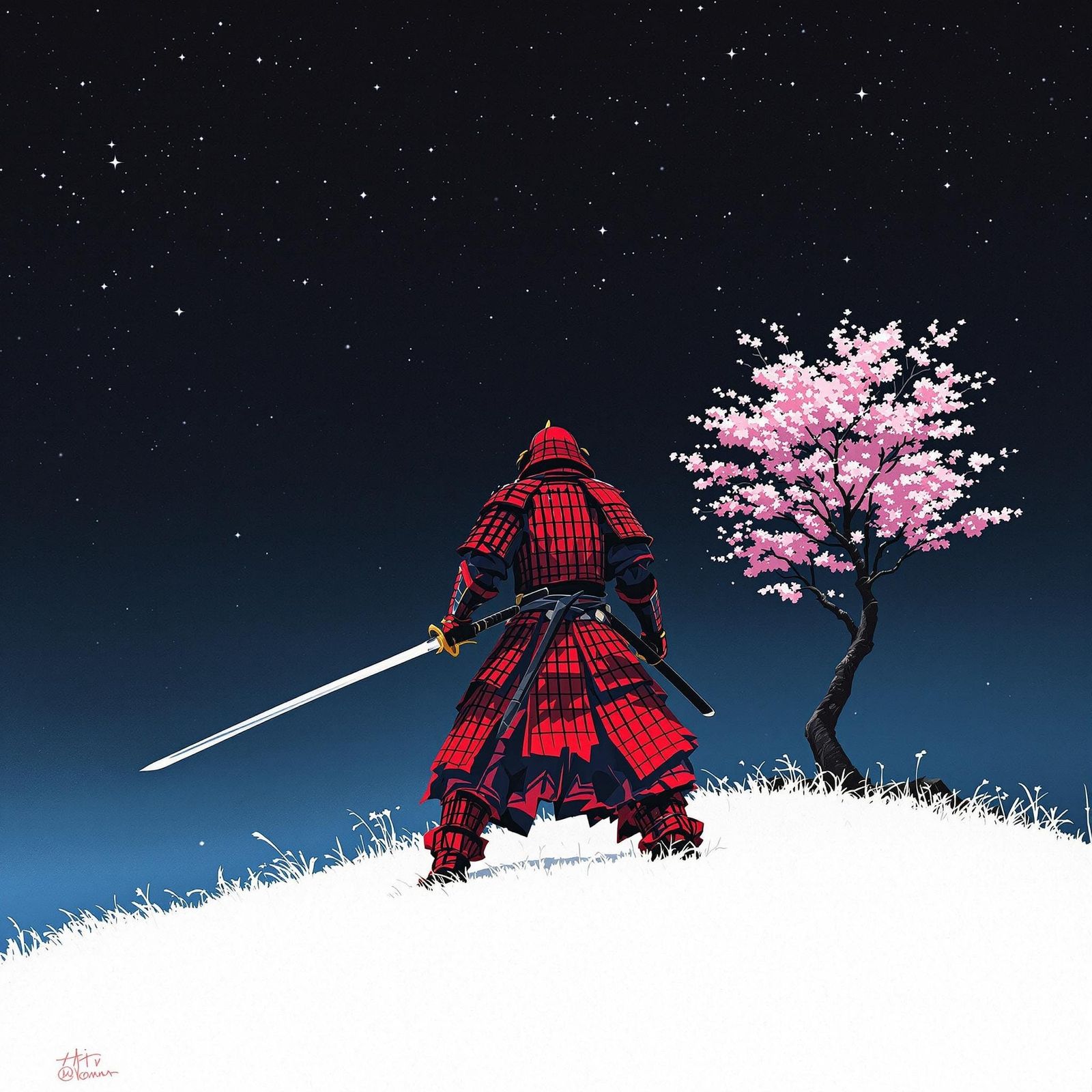 Red Samurai with Katana Under Starlit Sky