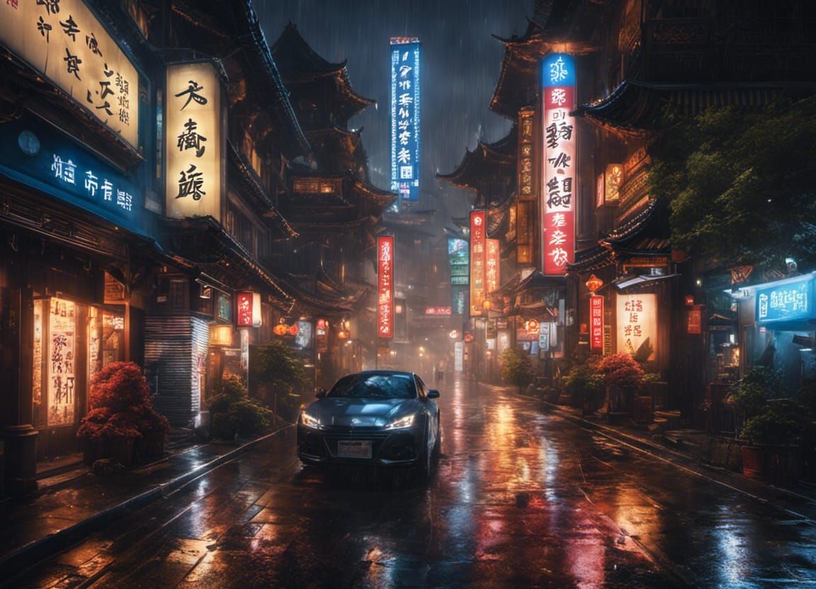 Rainy Night in Chinese City, Splash Art Style